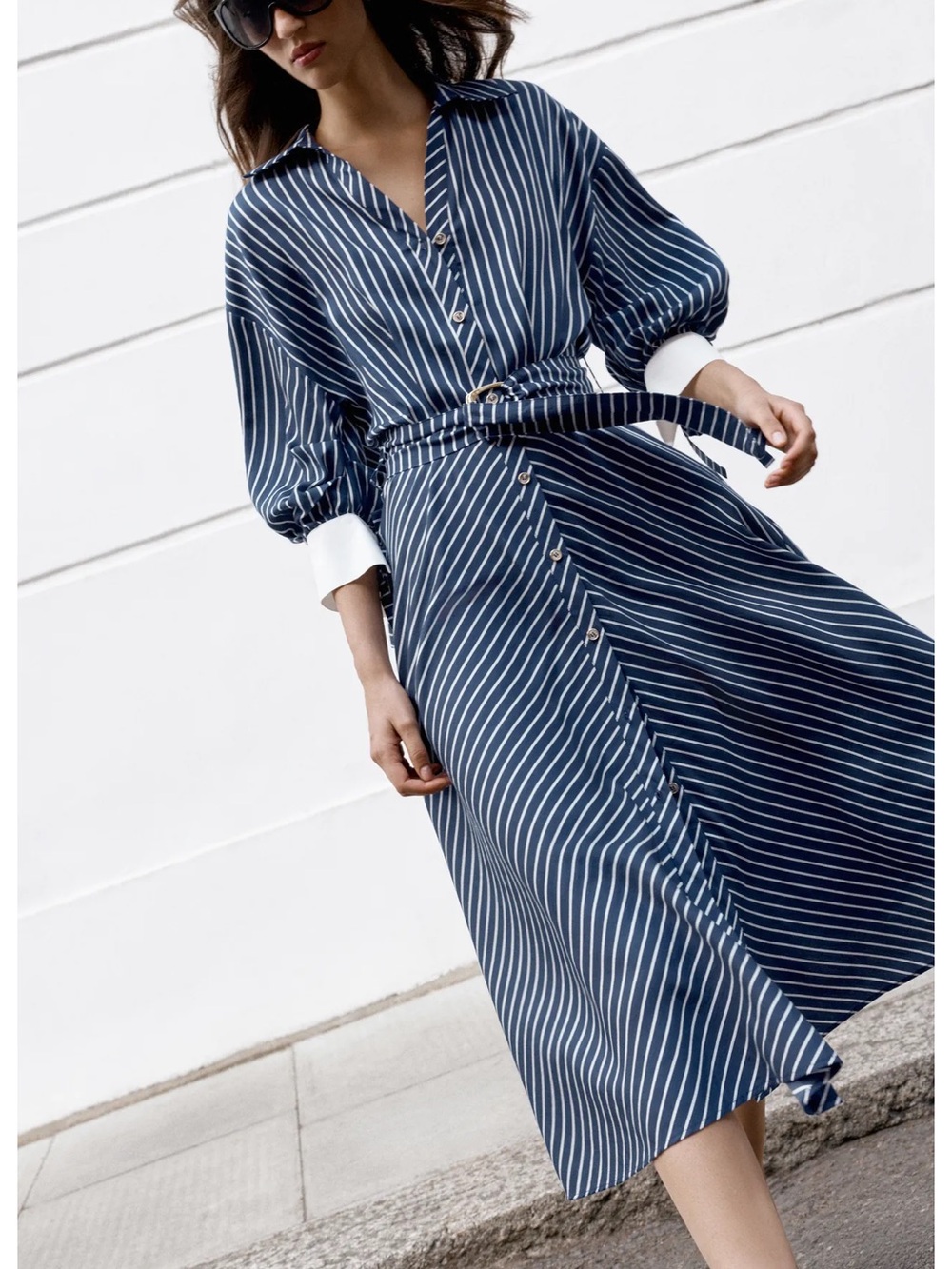 Zara Navy and White Striped Midi Shirt Dress with Belt - Picture 3 of 12